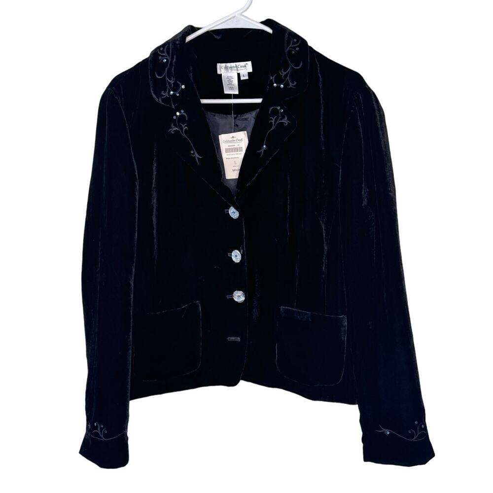 NWT Coldwater Creek Velvet Jacket Size: Large Black Holly Eve Embroidered